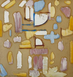 Composição com rosa, azul, amarelo e branco (fachada da igreja), c.1912 (óleo a bordo)