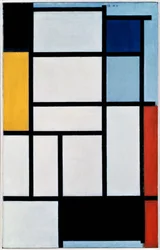 Composição com vermelho, preto, amarelo, azul e cinzento