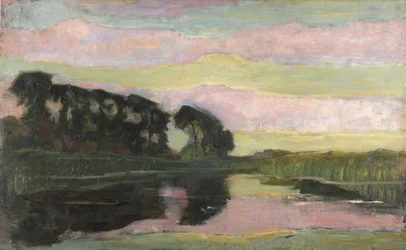 Paisagem do rio com céu rosa e amarelo-esverdeado, ca 1907-1908.