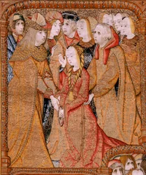 tapeçaria flamenga. Série Triunfos da Mãe ou Paños de Oro. Deus envie o Arcanjo Gabriel (Dios envía al Arcángel Gabriel). Primeira tapeçaria da série. Modelo Colin de Cooter(?). Fabricação Pieter van Aelst (ou van Edingen), Bruxelas. Ca1500-1502. F