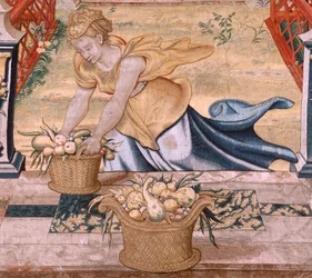 tapeçaria flamenga. Série Vertumnus e Pomona.Vertumnus transformado em agricultor. Na parte central da borda inferior vemos um episódio sobre os amores de Júpiter: Danaë. Segunda tapeçaria da série. Círculo Modelo de Pieter Coecke van Aelst. Fabricar Wil