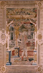 Tapeçaria flamenga. Série Vertumnus e Pomona.Vertumnus transformados em agricultores. Segunda tapeçaria da série. Parte esquerda a transformação de Daphne. Modelo Círculo de Pieter Coecke van Aelst. Fabricação de Wilhelm Pannemaker, Bruxelas. Ca 1545-1550.