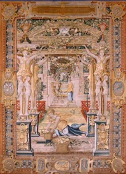 tapeçaria flamenga. Série Vertumnus e Pomona.Vertumnus transformado em agricultor. Na parte central da borda inferior vemos um episódio sobre os amores de Júpiter: Danaë. Segunda tapeçaria da série. Círculo Modelo de Pieter Coecke van Aelst. Fabricar Wil