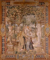 Tapeçaria flamenga. Série Vertumnus e Pomona. Vertumnus beija Pomona. Sétima tapeçaria da série. Modelo Círculo de Pieter Coecke van Aelst. Fabricação de Wilhelm Pannemaker, Bruxelas. Ca 1545-1550. Tecido Ouro, prata, seda e lã. Tamanho 430 x 365 cm.