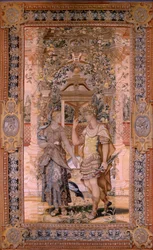 tapeçaria flamenga. Série Vertumnus e Pomona. Vertumnus transformado em guerreiro. Quarta tapeçaria da série. Círculo Modelo de Pieter Coecke van Aelst. Manufatura Wilhelm Pannemaker, Bruxelas. Ca1545-1550. Tecido Ouro, prata, seda e lã. Tamanho 425