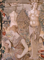 Tapeçaria flamenga. Série Vertumnus e Pomona. Vertumnus transformada numa mulher velha. Vertumnus transformado numa mulher idosa. Sexta tapeçaria da série. Modelo Círculo de Pieter Coecke van Aelst. Fabricação de Wilhelm Pannemaker, Bruxelas. Ca 1545-1550.