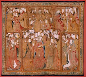 Tapeçaria flamenga. Série Triunfos da Mãe ou Paños de Oro. Deus envia o Arcanjo Gabriel (Dios envía al Arcángel Gabriel). Primeira tapeçaria da série. Modelo Colin de Cooter(?). Fabrico Pieter van Aelst (ou van Edingen), Bruxelas. Ca1500-1502. F