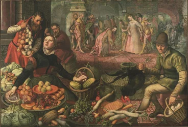 Scene de marche et le Christ avec la femme adultere - Cristo e a mulher apanhada em adultério, de Aertsen, Pieter dit Lange Pier
