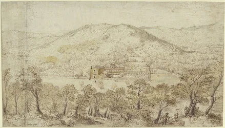 Paisagem montanhosa meridional com edifícios conventuais