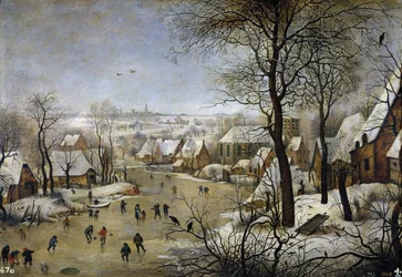 Paisagem do inverno com uma armadilha para pássaros, ca 1601