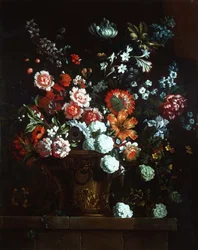 Flores em urna de bronze