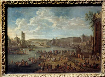 Vista do Louvre e da Torre de Nesles tirada da Ile de la Cite em Paris. Pintura de Pieter Li Casteels (1684-1749)
