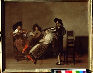 "Três músicos e uma jovem mulher (a cantar). Pintura de Pieter Codde (1599-1678) Museu Pushkin do século XVII, Moscovo