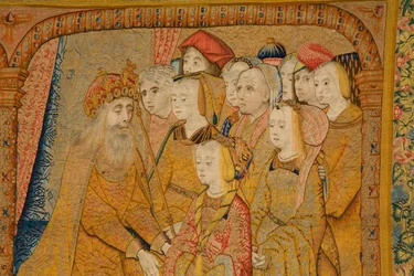 tapeçaria flamenga. Aviso. Detalhe, c.1502-04 (ouro, prata, seda e lã)