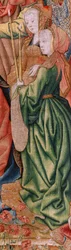 Tapeçaria flamenga. Episódios da Série da Vida da Virgem; Apresentação no Templo (Presentación en el Templo). Segunda tapeçaria da série. Modelos Atribuídos a Jan van Roome (ou van Brussel). Fabrico Pieter van Aelst, Bruxelas. Ca 1502-1504.