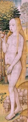 Tapeçaria flamenga. Episódios da série "A Vida da Virgem". As profecias cumprem-se no nascimento de Cristo (Cumplimiento de las profecías en el nacimiento del Hijo de Dios). A primeira tapeçaria da série. Modelos Atribuídos a Jan von Roome (ou van B