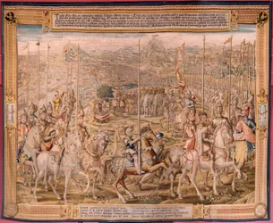 Tapeçaria flamenga. Série A Conquista de Tunis; Revisão das Tropas em Barcelona (La revista de las tropas en Barcelona). Segunda tapeçaria da série. Modelo Jan Vermeyen e Pieter Coecke van Aelst. 1543-1548. Fabrico da Real Fábrica de Tapices de Sant