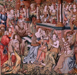 Tapeçaria flamenga. Série As Honras. Virtude (La Virtu, El Vicio). Oitava tapeçaria da série. Modelos caricaturistas do círculo de Bernard van Orley e Jan Gossaert (Mabuse). Fabrico Pieter van Aelst, Bruxelas. Ca 1550. Tecido Ouro, prata, seda a