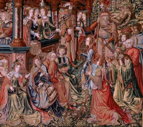 tapeçaria flamenga. Série As Honras. Virtue (La Virtu, El Vicio). Oitava tapeçaria da série. Cartunistas modelo do círculo de Bernard van Orley e Jan Gossaert (Mabuse). Fabricação Pieter van Aelst, Bruxelas. Ca 1550. Tecido Ouro, prata, seda a