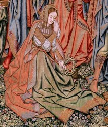 Tapeçaria flamenga. Série A Paixão de Cristo. A Descendência da Cruz (Descendimiento). A segunda série de tapeçaria da Paixão de Cristo pertencente ao Patrimonio Nacional. Modelos cartoonistas do círculo de Jan van Roome. Fabrico Pieter va