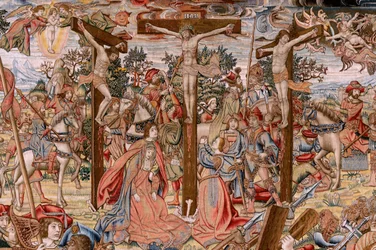Tapeçaria flamenga. Série A Paixão de Cristo; o caminho do Calvário e o encontro com Verónica (Camino del Calvario y encuentro con la Verónica). Primeira das tapeçarias conservadas pelo Património Nacional. Autores dos cartões dos modelos do círculo de