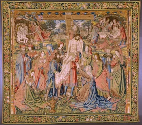 tapeçaria flamenga. Série A paixão de Cristo: Descida da cruz (Kruisafneming, Descendimiento de la cruz). Fabricação Pieter van Aelst. O cartunista Jan van Roome. Ca 1507-1520.