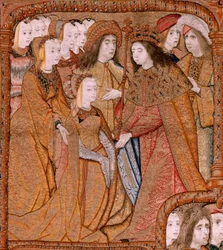 Tapeçaria flamenga. Série Triunfos da Mãe ou Paños de Oro. Anunciação (La Anunciación). Segunda tapeçaria da série. Modelo Colin de Cooter (?). Fabrico Pieter van Aelst (ou van Edingen), Bruxelas. Ca 1500-1502. Tecido Ouro, prata, seda e wo