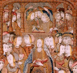 Tapeçaria flamenga. Série Triunfos da Mãe ou Paños de Oro. Anunciação (La Anunciación). Segunda tapeçaria da série. Modelo Colin de Cooter (?). Fabrico Pieter van Aelst (ou van Edingen), Bruxelas. Ca 1500-1502. Tecido Ouro, prata, seda e wo