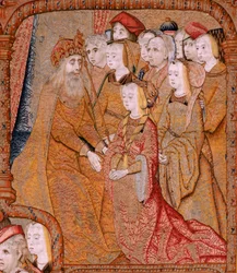 tapeçaria flamenga. Série Triunfos da Mãe ou Paños de Oro. Anunciação (La Anunciación). Segunda tapeçaria da série. Modelo Colin de Cooter (?). Fabricação Pieter van Aelst (ou van Edingen), Bruxelas. Ca 1500-1502. Tecido Ouro, prata, seda e wo
