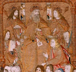 tapeçaria flamenga. Série Triunfos da Mãe ou Paños de Oro. Deus envie o Arcanjo Gabriel. Primeira tapeçaria da série. Modelo Colin de Cooter(?). Fabricação Pieter van Aelst (ou van Edingen), Bruxelas. Ca 1500-1502.