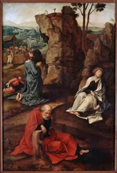 ""Oração no Horto das Oliveiras"" (Agonia no Horto) Após a última ceia, Cristo vai para a colina do Getsêmani que domina Jerusalém com os apóstolos. Os soldados romanos ajudantes de Judas se aproximam para prendê-lo. Pintura de Pieter Coe