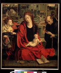 "The Holy Family with an Angel Painting" de Pieter Coecke van Aelst the Elder (1502-1550) Moscovo do século XVI, Museu Pushkin