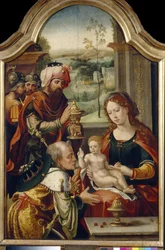 A Adoração dos Magos. Pintura de Pieter Coecke van Aelst, o Velho (1502-1555), óleo sobre madeira, primeira metade do século XVI. Arte primitiva flamenga. Galeria de Arte do Estado, Lviv (Ucrânia).
