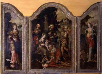 Tríptico representando a Adoração dos Reis Magos e dois santos (óleo sobre painel)