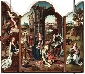 Tríptico da Adoração do Painel Esquerdo dos Magos: Anunciação - Painel direito: Anunciação, à esquerda e Voo para o Egipto à direita Pintura de Pieter Coeck van Aelst (1502-1550) Genes Musei di Strada Nuova (ex Palazzo Bianco) inv n PB