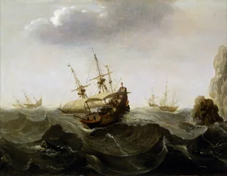 Um barco apanhado num mar turbulento, com barcos a fugir do vendaval ao longe e, à direita, rochas a emergir da água. Óleo sobre madeira, cerca de 1620, de Cornelisz Verbeecq (1590-1637).