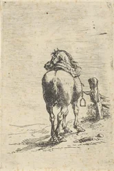 Cavalo selado em um poste