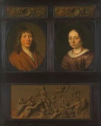 Retratos de um Homem e uma Mulher emoldurados com duas miniaturas de friso ornamental com motivo de concha e um Triunfo do Anfiteatro