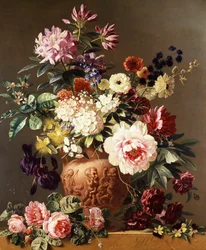 Natureza morta de flores de verão. Rosas, peónias, anémonas, íris. Pintura de Georgius Jacobus Johannes Os (1782-1861) Coleção particular.