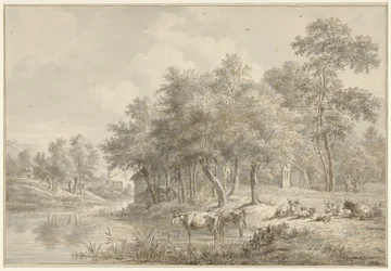 Paisagem fluvial com gado