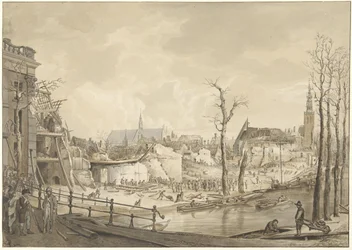 Ruínas no lado norte do Steenschuur após a catástrofe da pólvora em Leiden, 12 de Janeiro de 1807