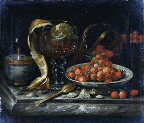 Natureza Morta de Tigela e Capa Chinesa Azul e Branca, Roemer de Vidro, Colher de Ouro e Fruta (óleo sobre tela)