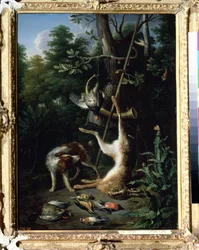 "" Cão de caça e aves de caça "" (Cão e aves de caça) pintura por Peter Gysels (1621-1691) século XVII. Museu Pushkin, Moscou