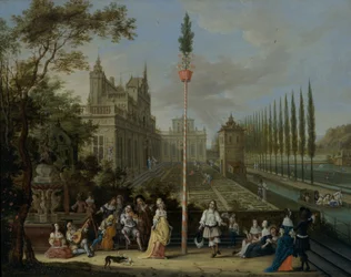 Figuras a dançar à volta de um mastro, nos terrenos de um castelo