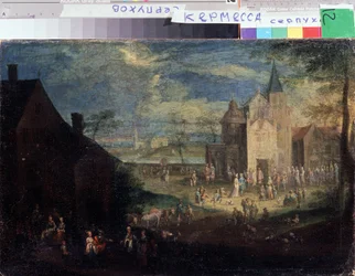 ""Kermesse no lugar de uma aldeia"" (Kermis) Paisagem da cidade na Flandres. Pintura de Peter Gysels (1621-1690) Serpukhov, Museu Estatal de História e Arte da Rússia