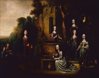 Retrato de grupo de um cavalheiro e uma dama com quatro damas presentes