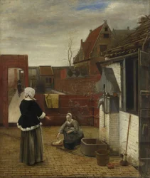 Uma mulher e sua empregada num pátio, cerca de 1661