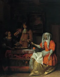 Interior com duas mulheres e um homem bebendo e comendo ostras