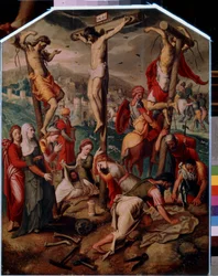 Calvário (Calvário). No Gólgota, Jesus Cristo é crucificado com os outros dois condenados à morte. Ele leva o sinal INRI (I.N.R.I.) na cruz. Ao pé da cruz, Santa Maria Madalena chora pela morte de Jesus, a sua garrafa é entornada no chão. Santa Verónica