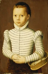 Retrato, jovem, menina, desgastar, preto branco, traje, segurando, cesta